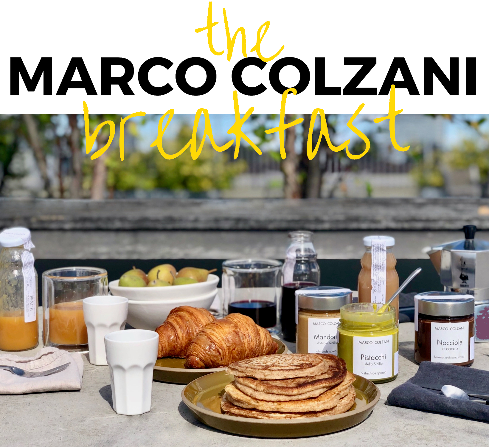 Italian breakfast with Marco Colzani pear peach and blueberry nectars