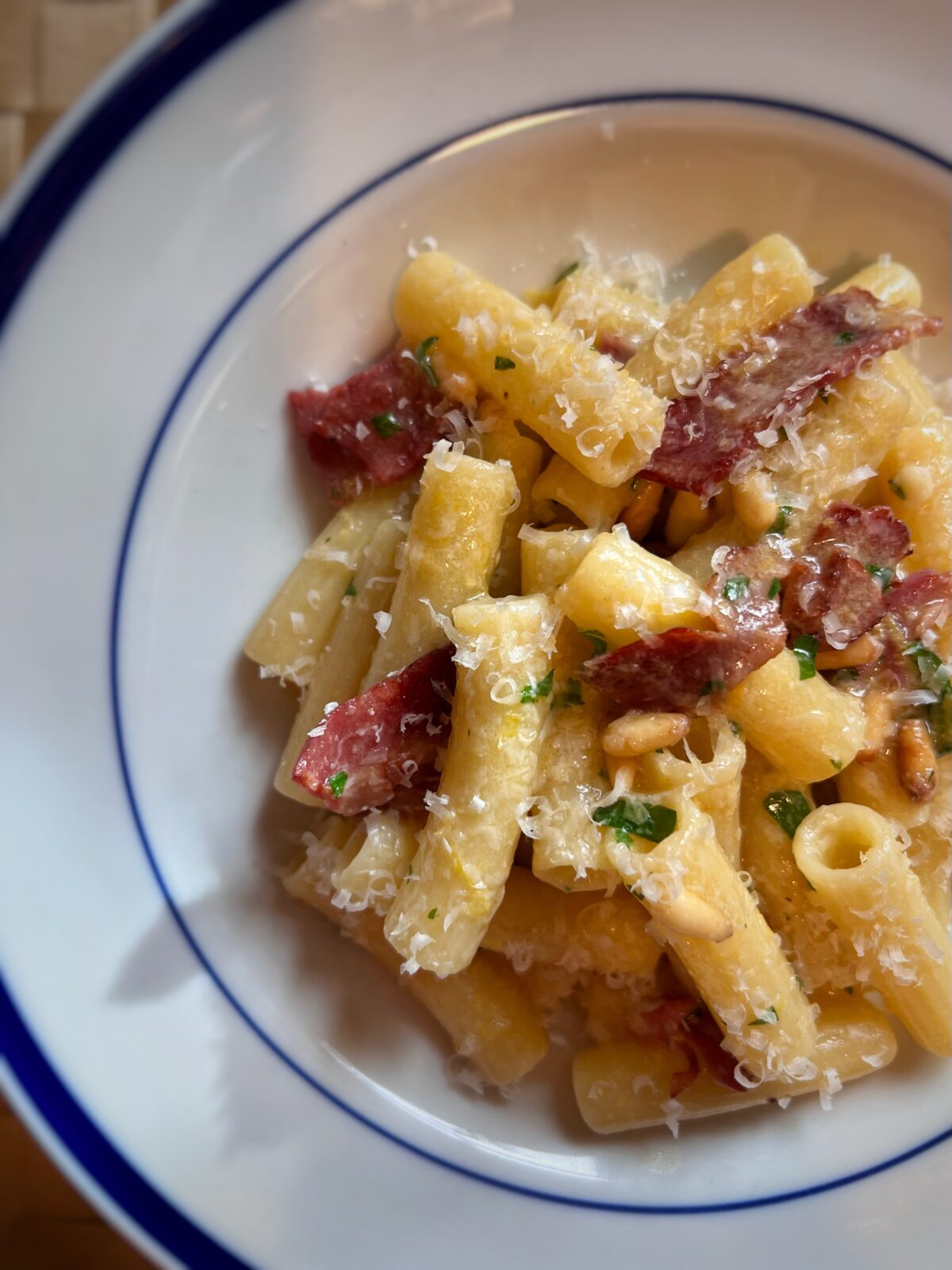 Pasta with Bacon Cheese Lemon and Pine nuts