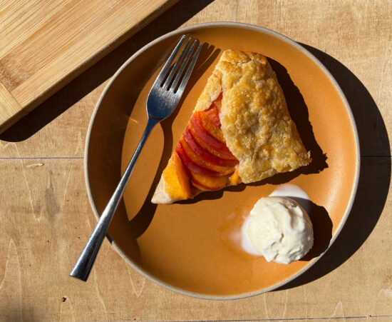 This one Maiorca flour peach almond galette with ice cream