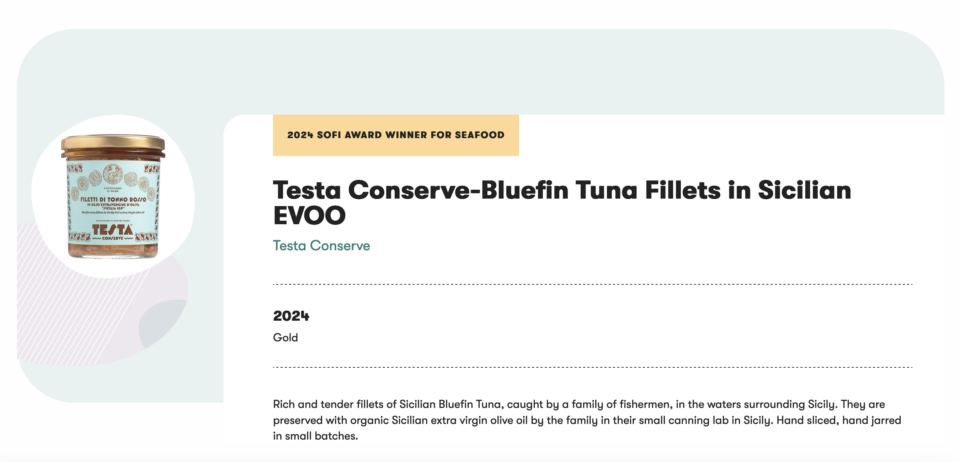 testa conserve bluefin tuna fillets in EVOO Gold Sofi Award
